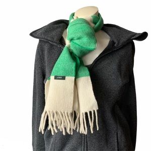 J CREW Wool Block Striped Winter Scarf Tassled Green Cream Style Warm